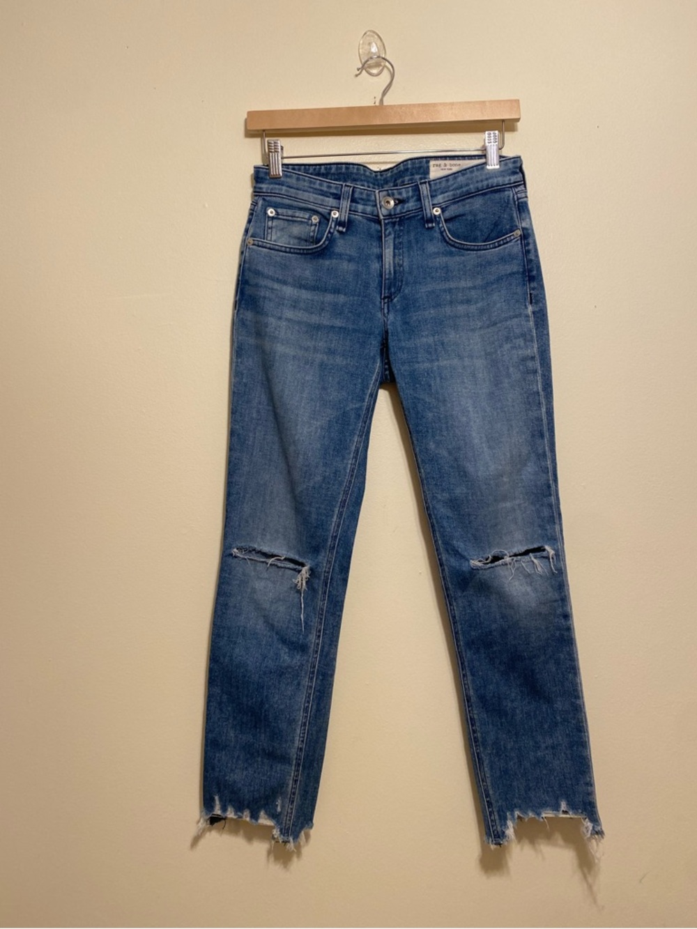 rag & bone Blue Distressed Straight-Leg Jeans. Size 24